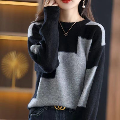 [80-100kg] Large size contrasting color knitted top women's autumn and winter chic warm sweater temperament color matching bottoming shirt