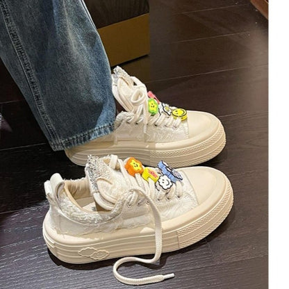 ZllKl Zhao Lusi Celebrity Canvas Shoes Platform Shoes Embroidered Sequins DIY Smiley Face Decorative Coarse Flower Ins Casual Shoes