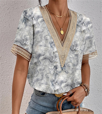 ZllKl  Cross-Border EBay  Women's Clothing V-neck Lace Loose Top Temperament Commute Short Sleeve Digital Printed T-shirt