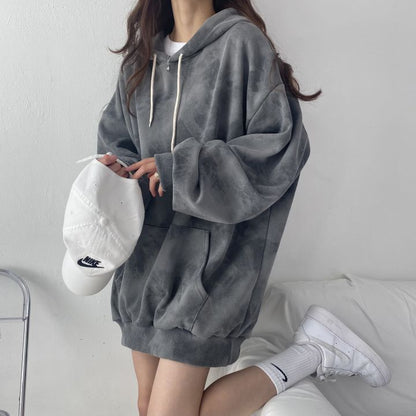 ZLLKL 2025 Cotton sweater women's hooded  new women's clothing loose autumn and winter thickened velvet thin large size top tie-dye