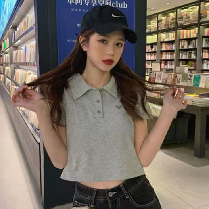 ZllKl  Cotton Korean Style Slim-Fit Love Embroidered Polo Collar Short Sleeve T-shirt Hot Girl Style Short Top Summer Cross-Border