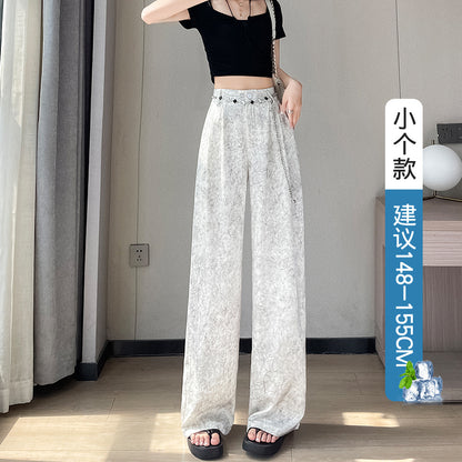 ZllKl  Jacquard Satin Wide-Leg Pants Women's Summer Thin New Chinese Style National Style High Waist Drooping Ice Silk Leisure Straight Suit Pants