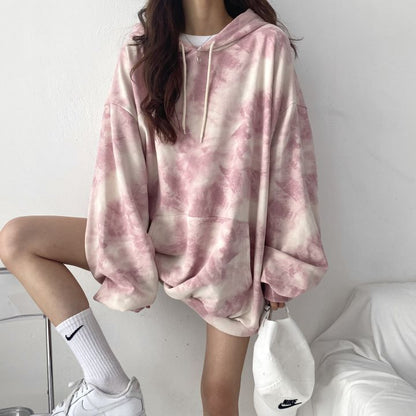 ZLLKL 2025 Cotton sweater women's hooded  new women's clothing loose autumn and winter thickened velvet thin large size top tie-dye