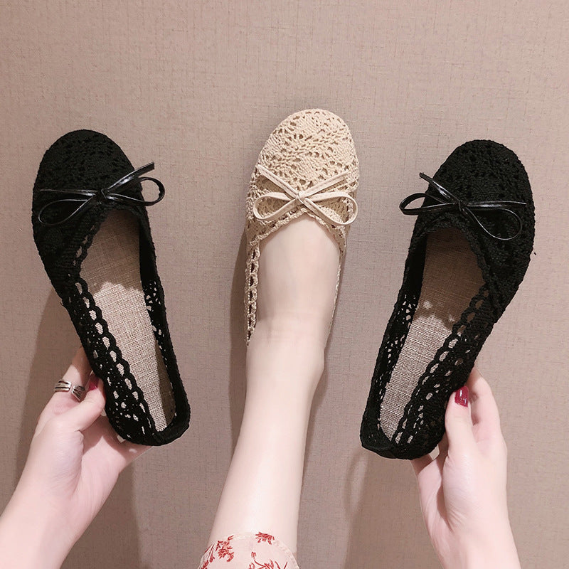 ZllKl Old Beijing Cloth Shoes Women's Soft Bottom Gommino Summer Flat Pumps Women's Black Shoes for Work Mesh Maternity Shoes