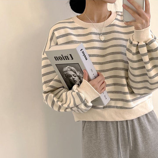 ZLLKL 2025 3-color, striped sweater women's  new short women's clothing loose autumn and winter thickened velvet top thin Korean version