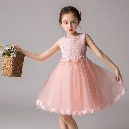 ZllKl  Children's Dress Summer Hot Sale Flower Girl Puffy Gauze Princess Dress Girl Baby Host Costume for Piano Performance Skirt