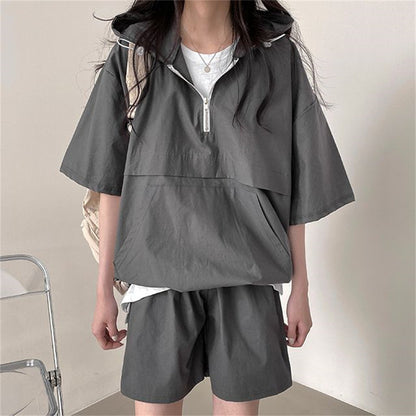 ZLLKL 2025 Korean version of solid color fashion casual short-sleeved suit women's  summer new fashion loose hooded sportswear versatile