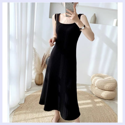 Knitted Sling Pink Dress Women's Summer New Outdoor Hot Girl Chic Waist Slim Fit Inner Wear Temperament Long Dress