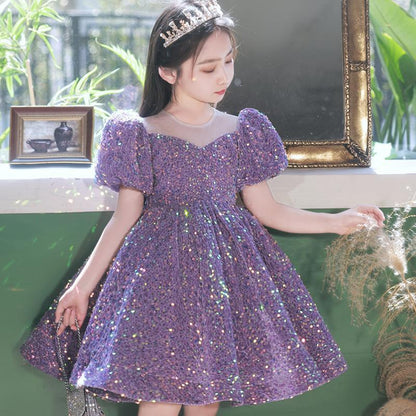 ZllKl  Blue Sequined Children's Dress Girl Princess Dress Birthday Full-Year Baby Girl Catwalk Host Piano Performance Wear