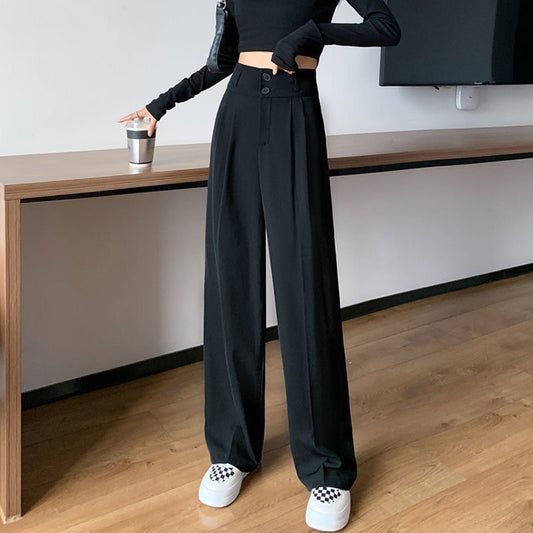 ZllKl  Black Loose Slimming Wide-Leg Pants High Waist Straight Drooping Suit Pants Slimming Pants High-Looking Casual Women's Pants