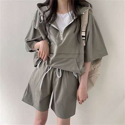 ZLLKL 2025 Korean version of solid color fashion casual short-sleeved suit women's  summer new fashion loose hooded sportswear versatile