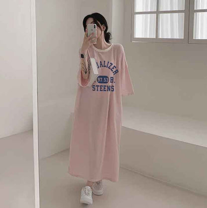 ZllKl 2025Manufacturer pure cotton medium and long casual long skirt large size Japanese and Korean version striped short-sleeved t-shirt dress women's summer