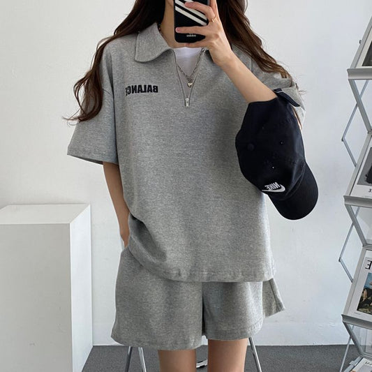 ZllKl Wholesale high-end zipper set women's short-sleeved shorts two-piece set solid color Korean version cotton summer sportswear fashion casual