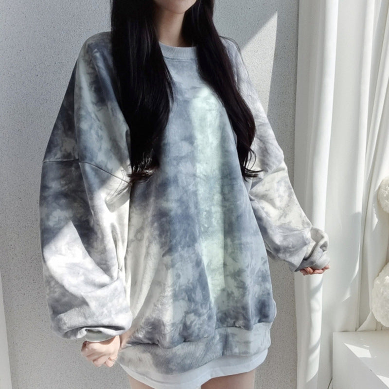 ZLLKL 2025 3 colors, tie-dye sweater, women's cotton loose top, loose and versatile letters, spring and autumn coat, Popular trade velvet and thicker.