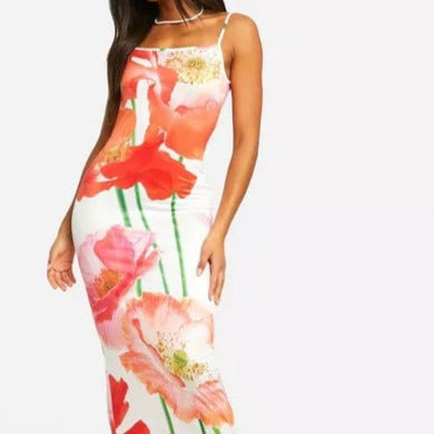 European and American Summer  2024 New Slim Fit Sexy Slit Hip Skirt Flower Print Dacron Camisole Dress