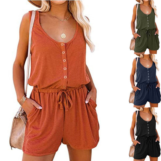 ZllKl  European and American Women's Clothing  Summer Cross-Border New Arrival Sleeveless Jumpsuit Waist-Controlled Lace-up Casual Loose-Fitting Wide-Leg Short Jumpsuit