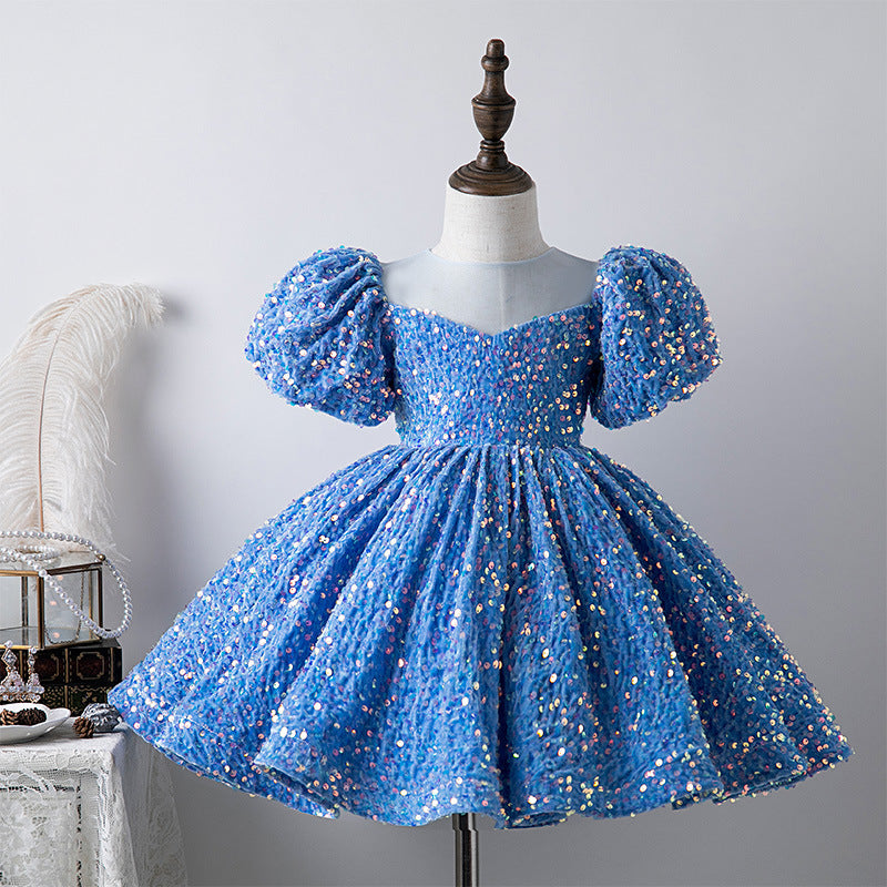 ZllKl  Blue Sequined Children's Dress Girl Princess Dress Birthday Full-Year Baby Girl Catwalk Host Piano Performance Wear