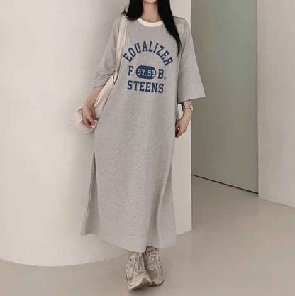 ZllKl 2025Manufacturer pure cotton medium and long casual long skirt large size Japanese and Korean version striped short-sleeved t-shirt dress women's summer