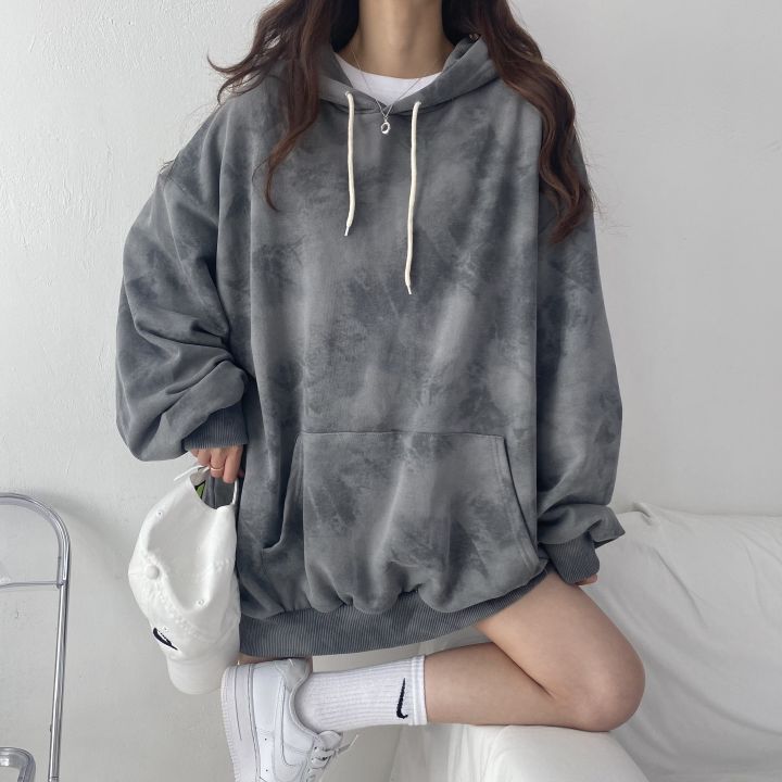 ZLLKL 2025 Cotton sweater women's hooded  new women's clothing loose autumn and winter thickened velvet thin large size top tie-dye