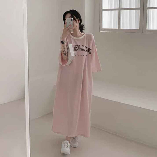 ZllKl 2025Manufacturer pure cotton South Korea popular spring and summer new women's round neck short sleeve medium and long T-shirt skirt fashionable versatile simple even