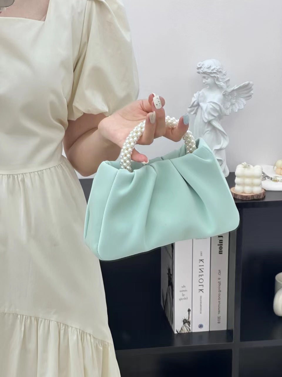 ZllKl  Pleated Small Bag  High-Grade Fairy Pearl Small Handbag Gentle Crossbody Cloud Bag for Women