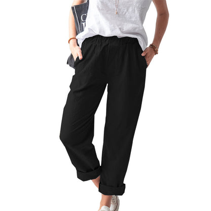 ZllKl  New European and American Women's Clothing Cotton and Linen Trousers Wish  Solid Color Casual Elastic High Waist Straight-Leg Pants Women