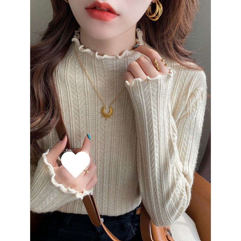 White bottoming shirt women's autumn and winter wear 2024 new semi-turtleneck fungus edge knitted sweater medium neck long-sleeved sweater