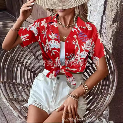 zllkl  Cross-Border  Women's Summer Hawaiian Shirt Tropical Floral Print Blouse Button V-neck Short Sleeve T-shirt Top