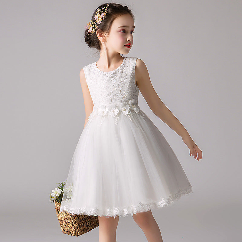 ZllKl  Children's Dress Summer Hot Sale Flower Girl Puffy Gauze Princess Dress Girl Baby Host Costume for Piano Performance Skirt