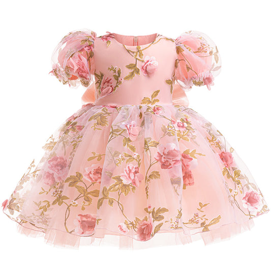 ZllKl  Foreign Trade Girls' Princess Dress Three-Dimensional Rose Mesh Bubble Skirt Children Puff Sleeve Dress Costumes