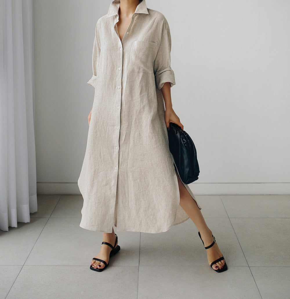 ZllKl  Spring and Autumn Loose Oversized Shirt Dress Overknee Long Split Outer Wear Cotton Linen Shirt Solid Color Dress