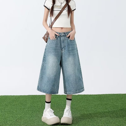 Light Blue Cropped Jeans Women's Summer Thin 2024 New High Waist Slimming and Straight Loose Cropped Wide Leg Pants