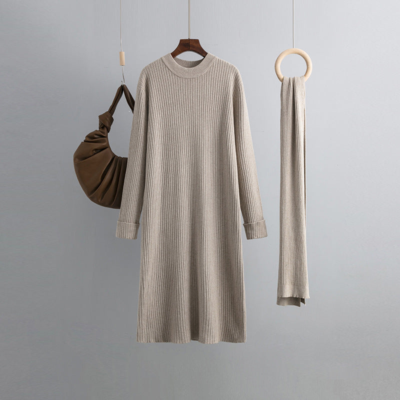 ZllKl South Korea Dongdaemun New winter new 2025 style with sleeves scarf lazy style round neck pit strip sweater dress