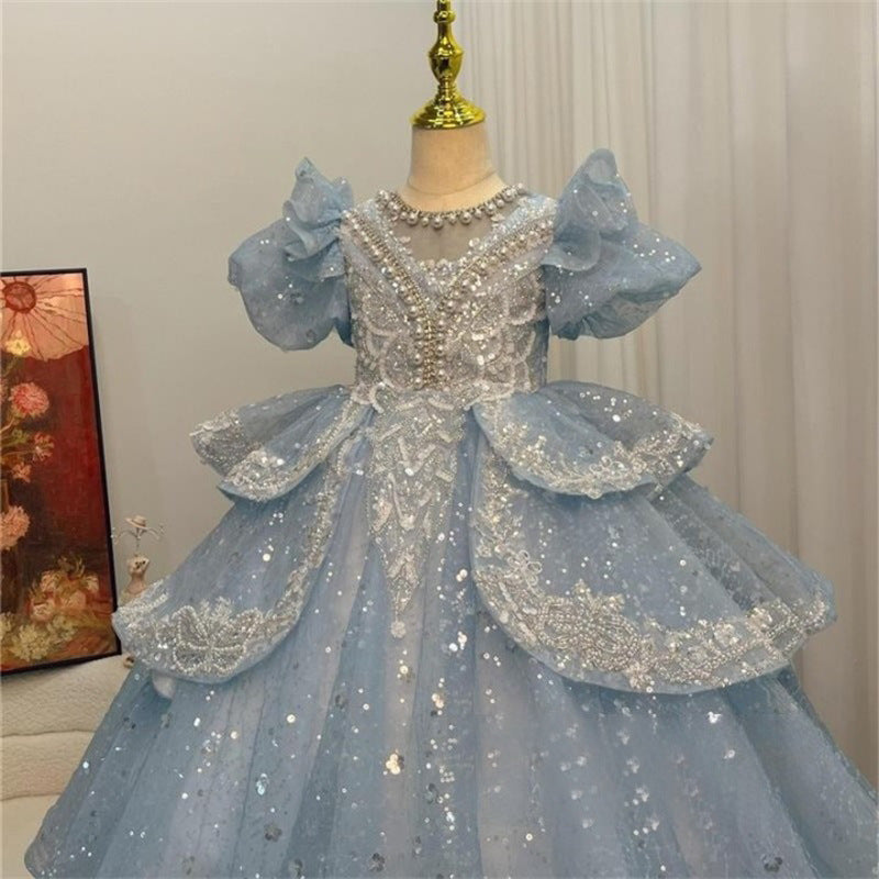 ZllKl  Blue Children's Dress Girls  Summer New Heavy Industry Birthday Princess Dress Flower Girl Wedding Catwalk Performance Costumes