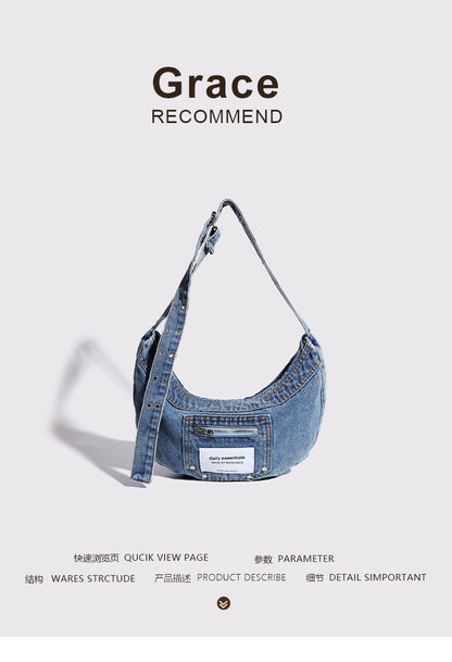 ZllKl  New Underarm Bag Special-Interest Design Retro Washed Jean Bag Advanced Dumpling Bag Sweet Cool Hot Girl All-Match Fashion