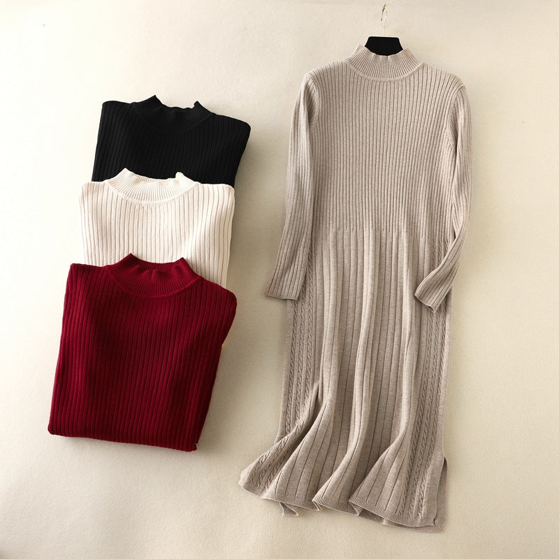 ZllKl Knee long dress New autumn and winter new women's semi-turtleneck striped knitted bottoming dress slim-fitting and versatile