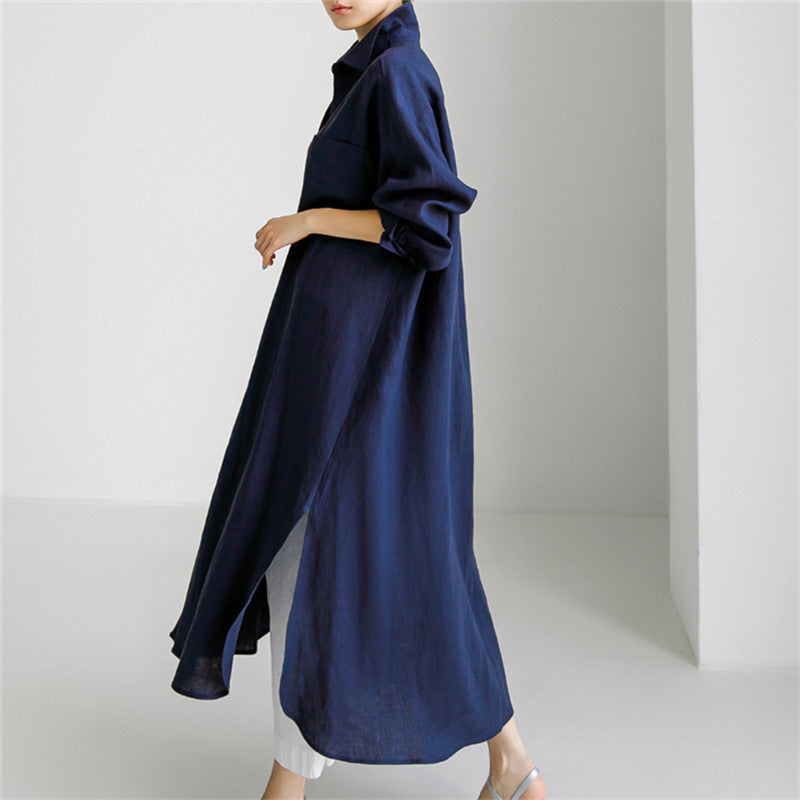 ZllKl  Spring and Autumn Loose Oversized Shirt Dress Overknee Long Split Outer Wear Cotton Linen Shirt Solid Color Dress