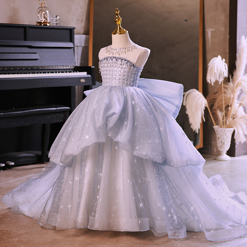 ZllKl  Children's Dress  New Girls Tube Top Model Catwalk Trailing Princess Dress Little Girl Costume for Piano Performance