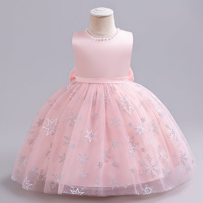 ZllKl  Ice and Snow Mesh Princess Dress Neckline Pearl Birthday Dress Little Flower Girl Bow Girl Pettiskirt Dress