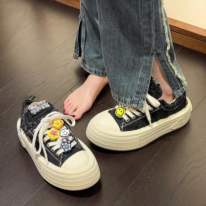 ZllKl Zhao Lusi Celebrity Canvas Shoes Platform Shoes Embroidered Sequins DIY Smiley Face Decorative Coarse Flower Ins Casual Shoes