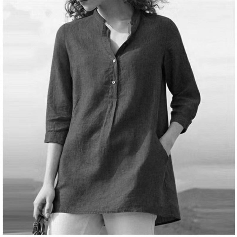 zllkl  Cross-Border Ebay Autumn New European and American Women's Clothing Solid Color Three-Quarter Length Sleeve Stand Collar Cotton and Linen Leisure Pullover Shirt