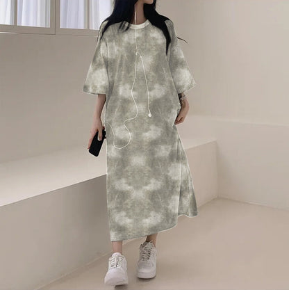 ZllKl 2025Manufacturer 5-color pocket design loose printing medium and long t-shirt skirt Korean version short-sleeved dress women popular