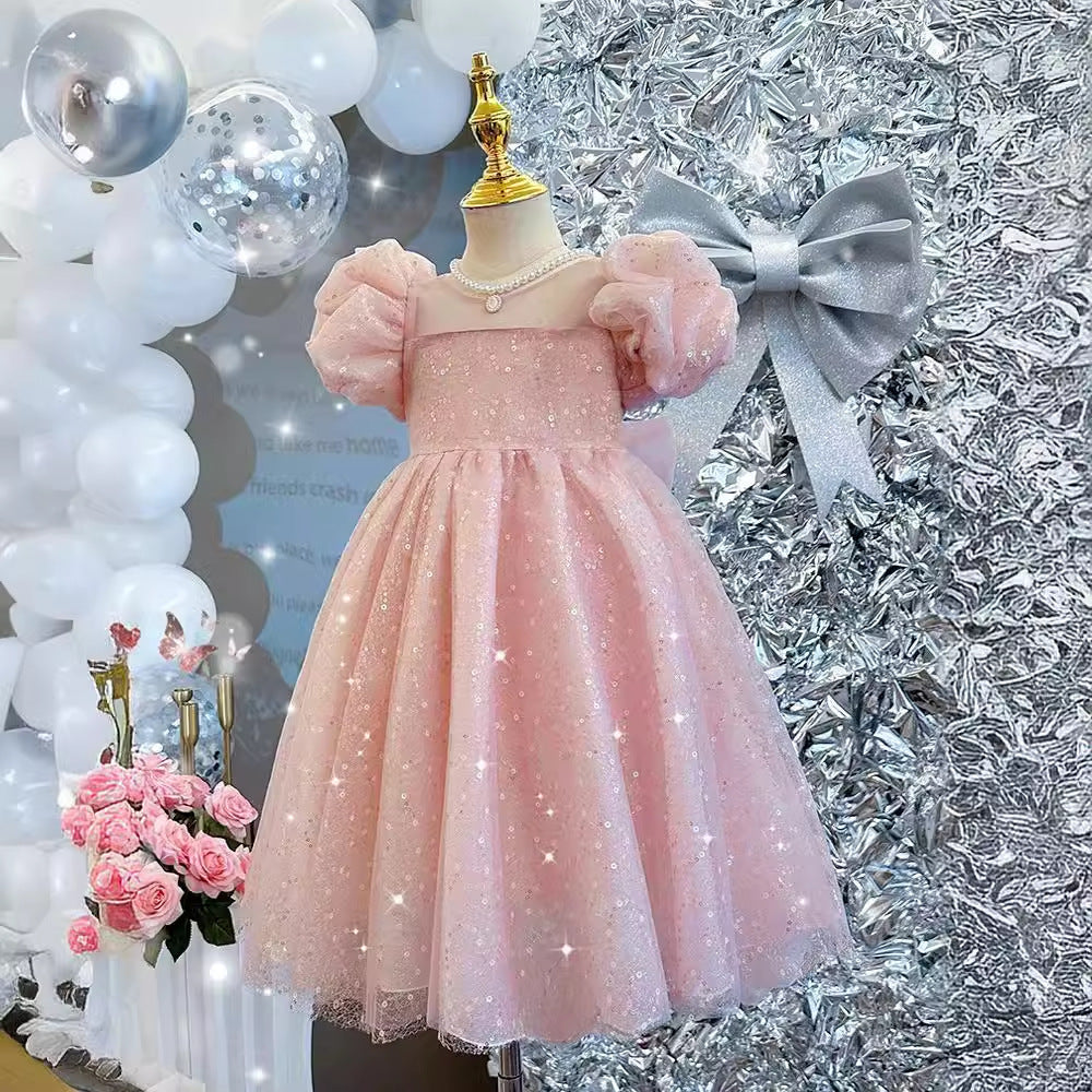 ZllKl  Children's Dress New High-End Western Style Girl Bubble Sleeve Princess Dress Heavy Embroidery Sequins Birthday Performance Dress Summer