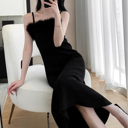 Knitted Sling Pink Dress Women's Summer New Outdoor Hot Girl Chic Waist Slim Fit Inner Wear Temperament Long Dress