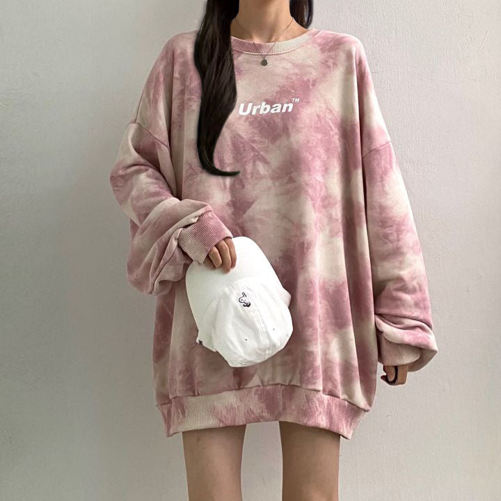 ZLLKL 2025 Wholesale cotton tie-dye sweater women's loose Korean version top loose versatile velvet letter spring and autumn coat medium and long