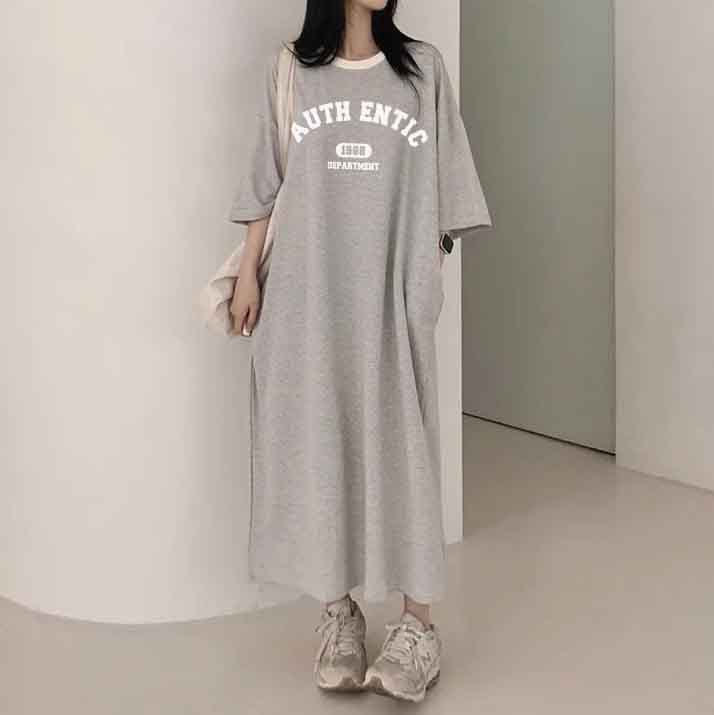 ZllKl 2025Manufacturer pure cotton Korean summer new 2025n retro loose letter printing thin T-shirt dress casual