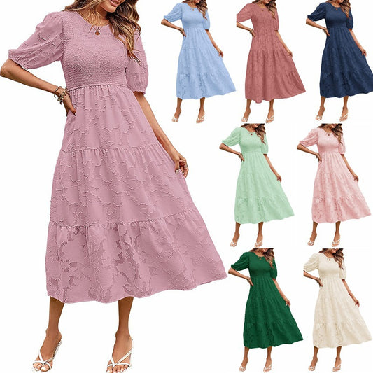 ZllKl  Summer European and American Foreign Trade Cross-Border Women's Clothing  round Neck Pleated Bubble Sleeve Layered Flower Dress