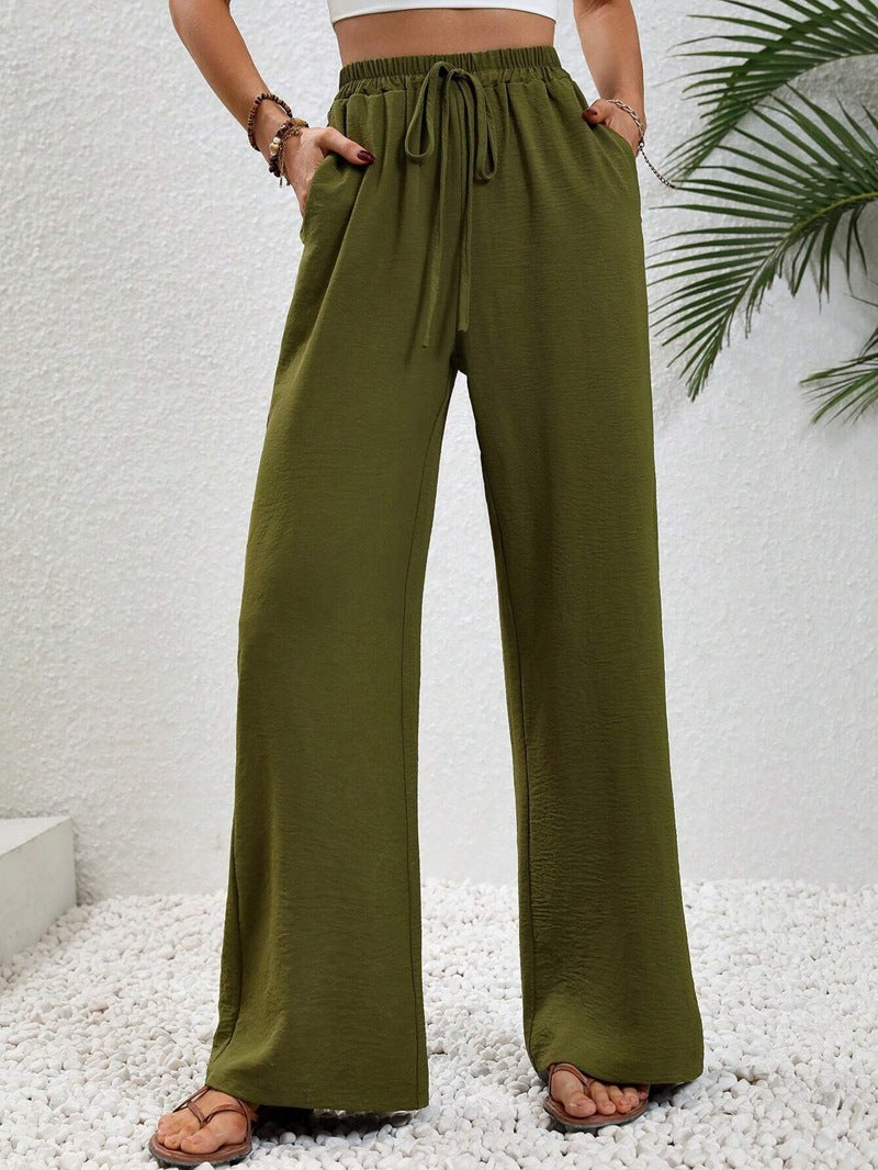 ZllKl  Tiktoktemu European and American Women's Clothing  Spring and Summer New Versatile Solid Color Mop Wide Leg Pants Casual Pants