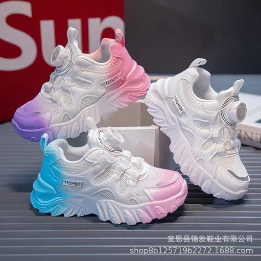 ZllKl  Girls' Shoes Rotating Buttoned Shoes Gradient Color Breathable Mesh Surface Dad Shoes White Shoes Medium and Big Children Children Sneaker Tide