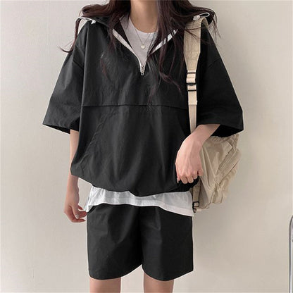 ZLLKL 2025 Korean version of solid color fashion casual short-sleeved suit women's  summer new fashion loose hooded sportswear versatile